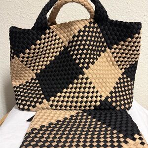 Naghedi Black and Tan Woven Tote Bag